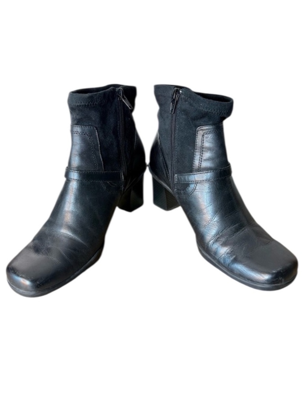 BARE TRAPS Black Leather Vana Booties Chunky Heel Square Toe Buckle Zipper 8.5